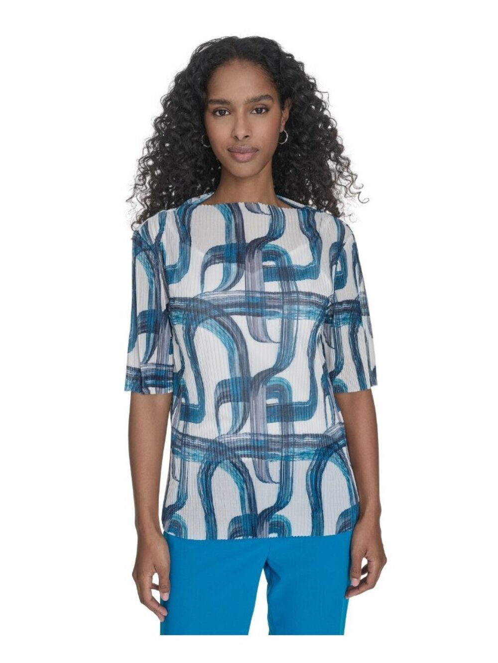 Calvin Klein Women's Mock neck polyester Printed Mesh Blouse Blue Size XL $79